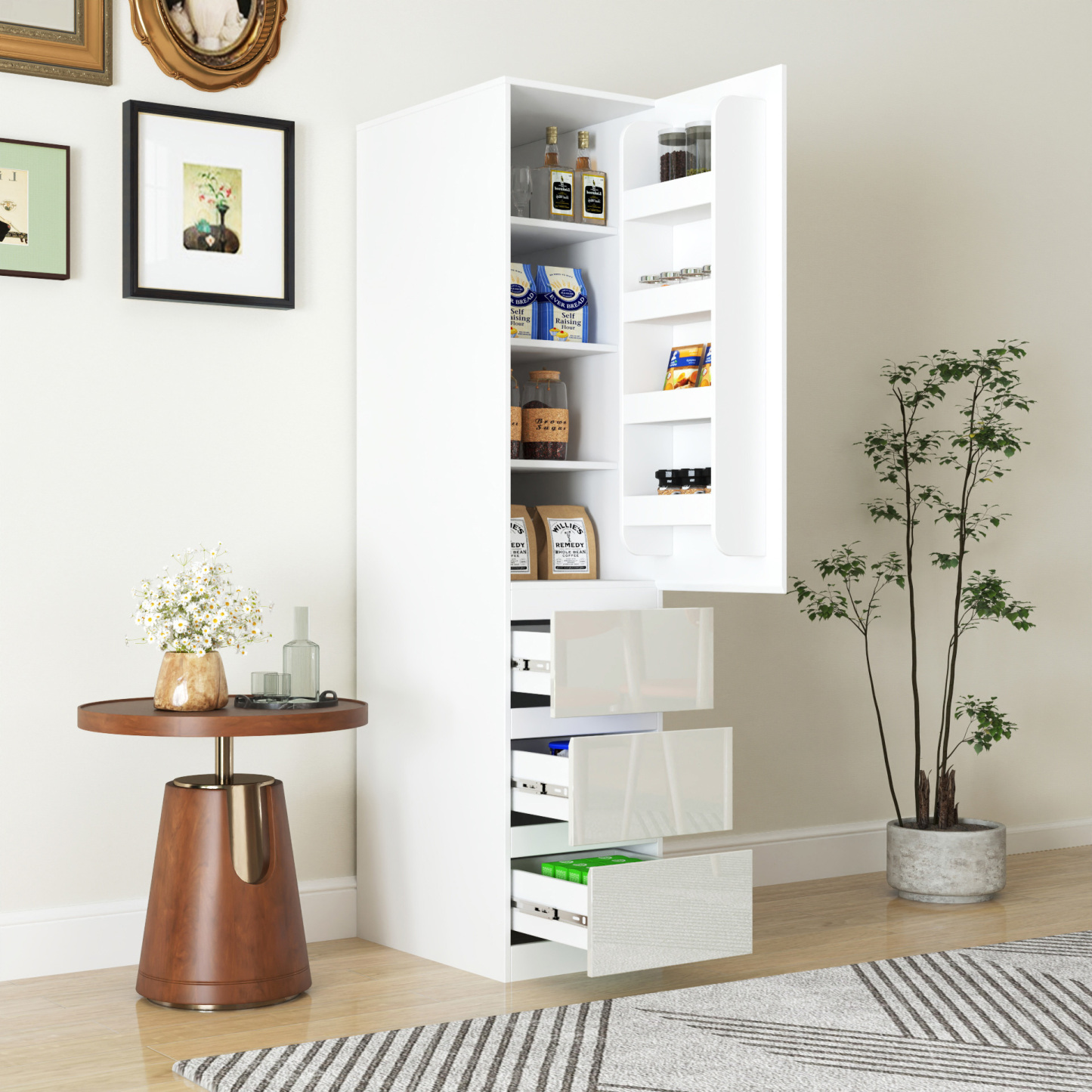 71" Modern Tall Storage Cabinet with Drawers and Door Shelves, Kitchen Pantry