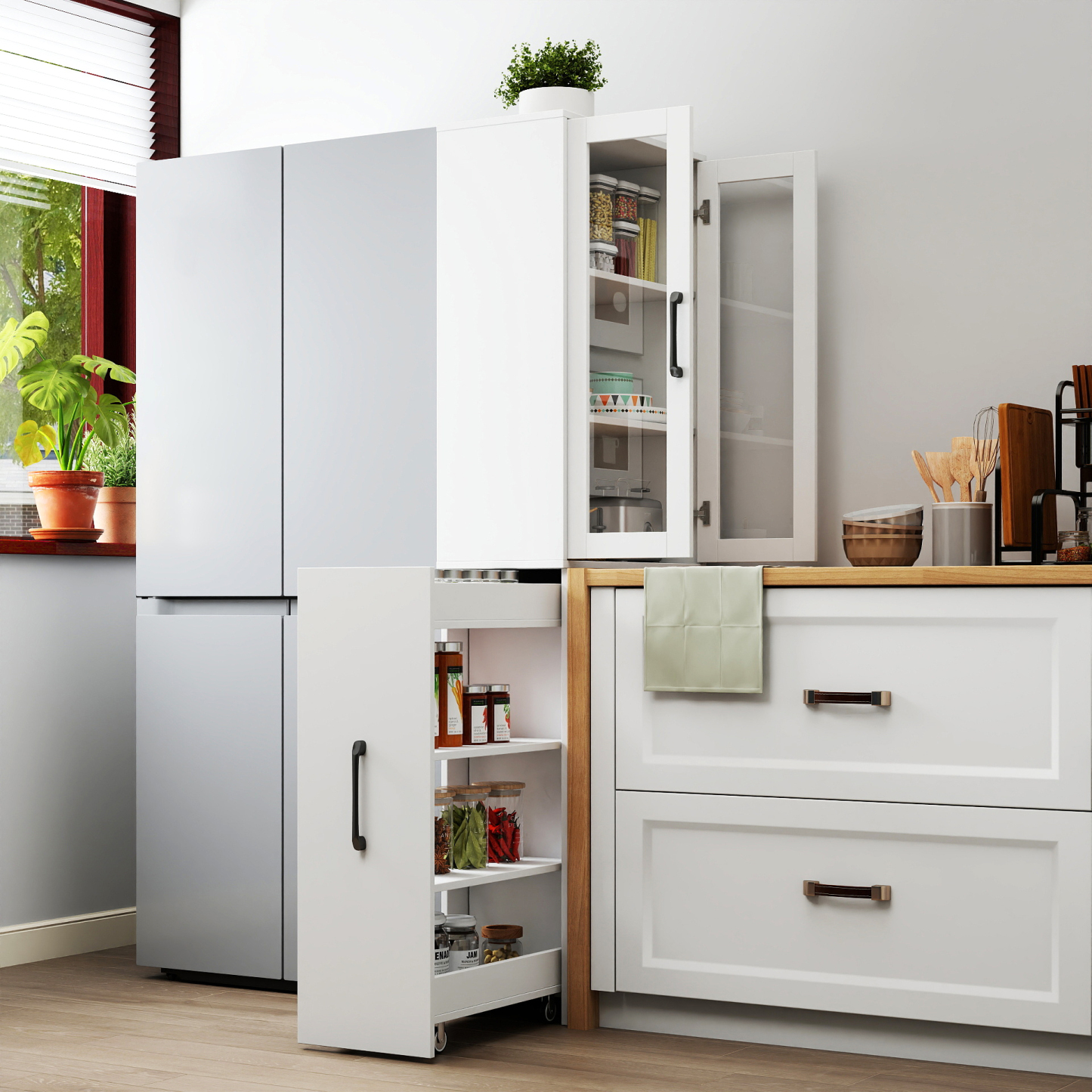 71" Multifunctional Storage Cabinet w/ 2 Glass Doors & Pull-Out Shelves