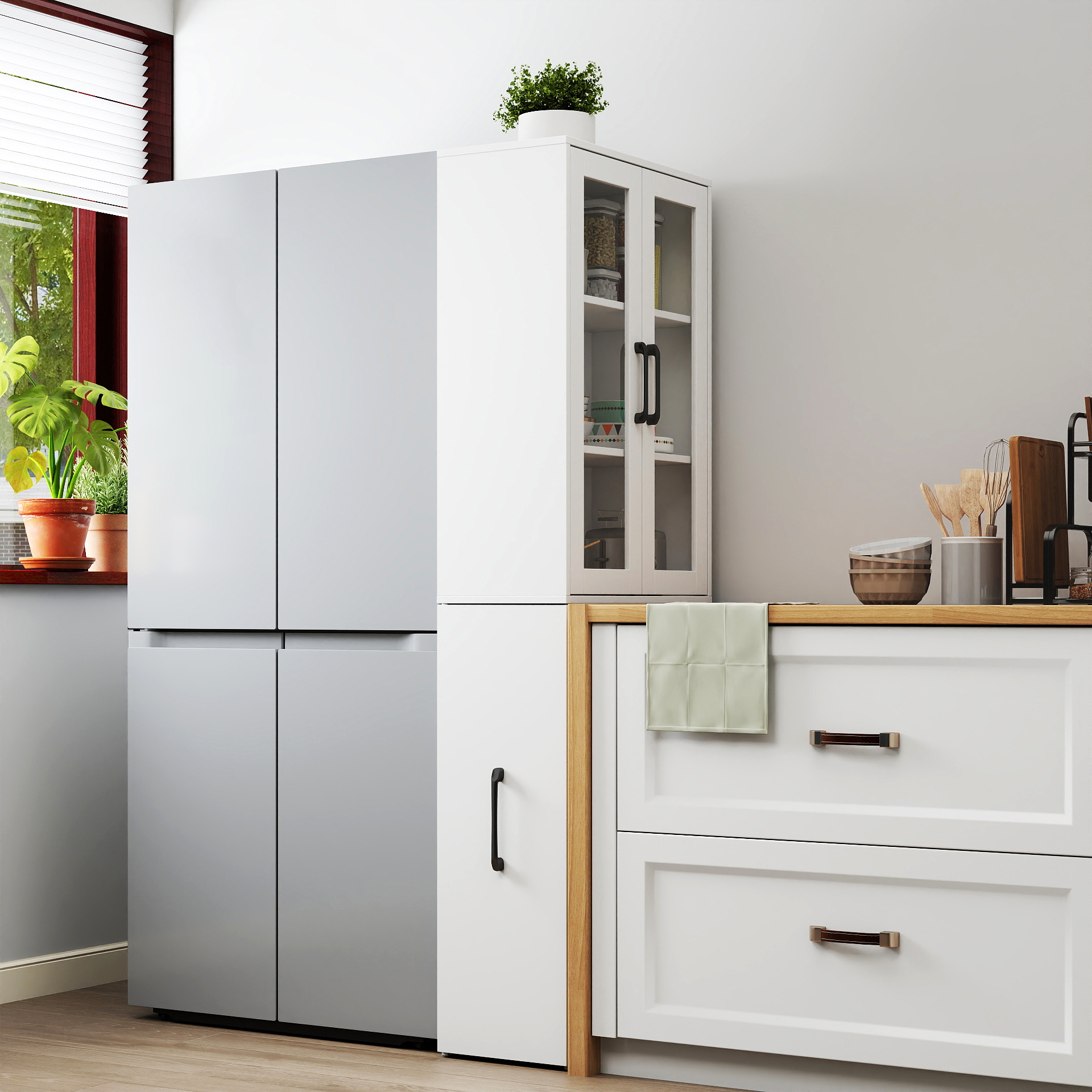 71" Multifunctional Storage Cabinet w/ 2 Glass Doors & Pull-Out Shelves