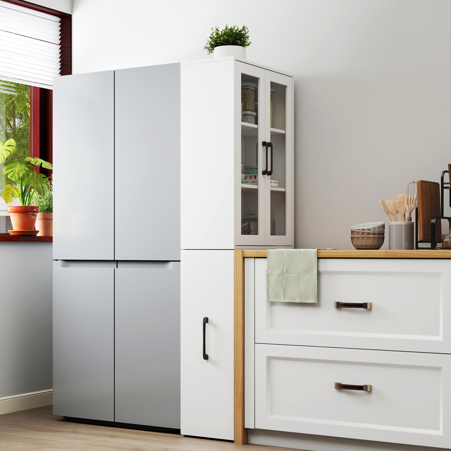 71" Multifunctional Storage Cabinet w/ 2 Glass Doors & Pull-Out Shelves