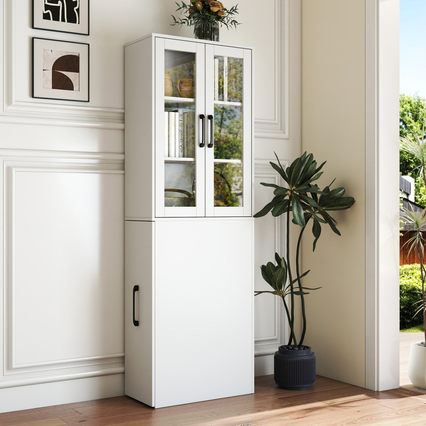 71" Multifunctional Storage Cabinet w/ 2 Glass Doors & Pull-Out Shelves