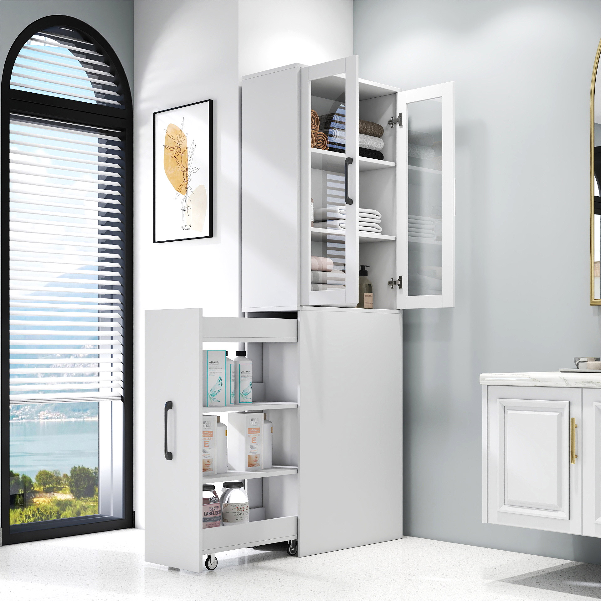 71" Multifunctional Storage Cabinet w/ 2 Glass Doors & Pull-Out Shelves