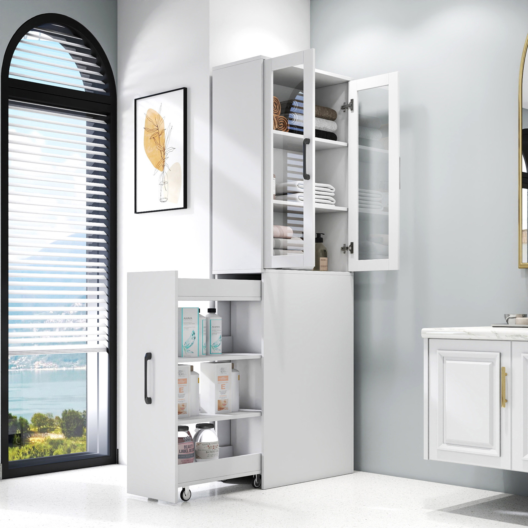 71" Multifunctional Storage Cabinet w/ 2 Glass Doors & Pull-Out Shelves