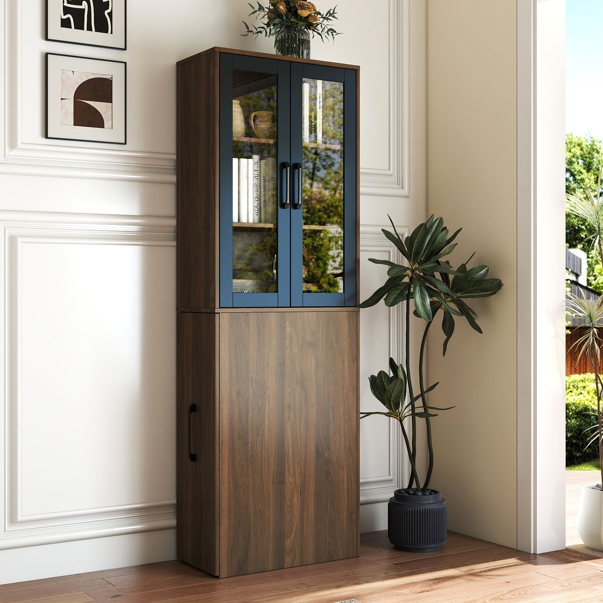 71" Multifunctional Storage Cabinet w/ 2 Glass Doors & Pull-Out Shelves