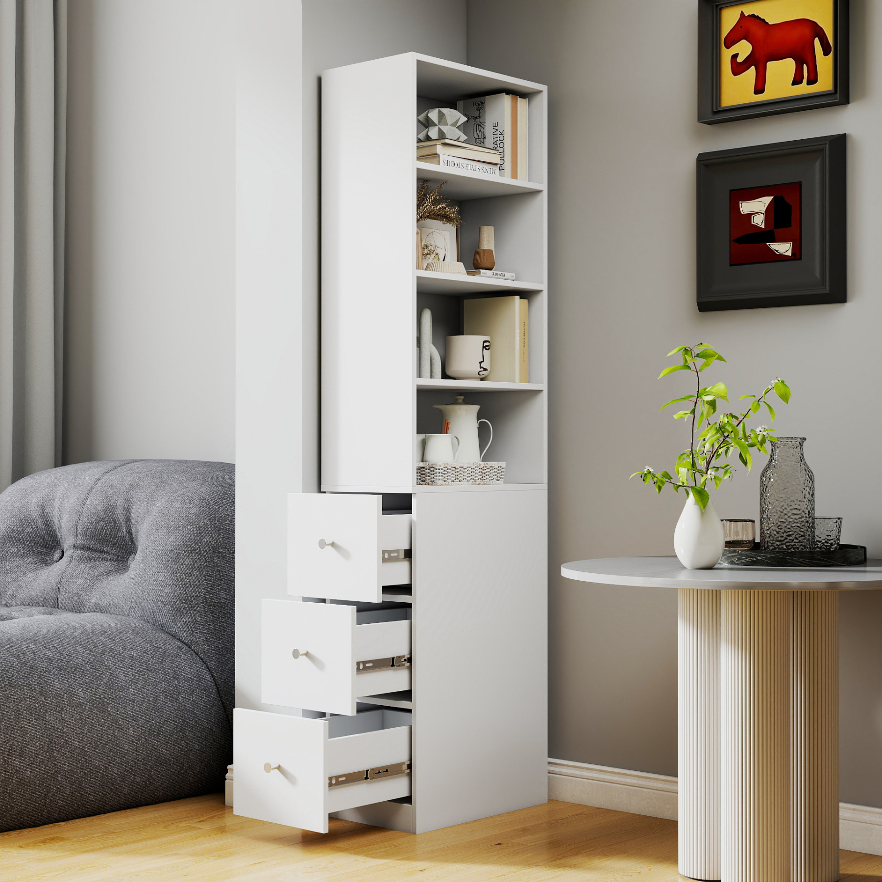 71" Narrow Display Storage Cabinet w/ 4-Tier Shelf and 3 Side Drawers