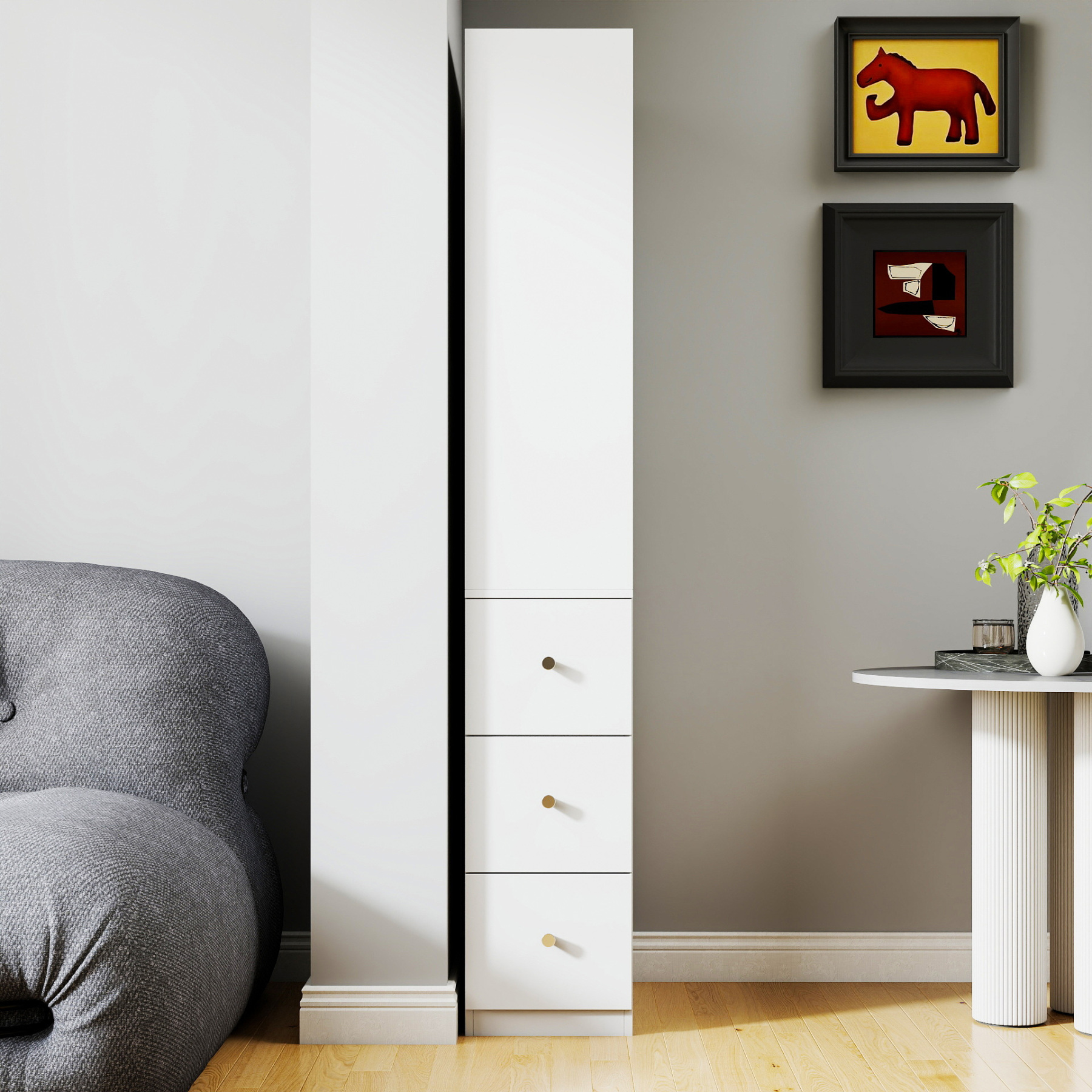 71" Narrow Display Storage Cabinet w/ 4-Tier Shelf and 3 Side Drawers