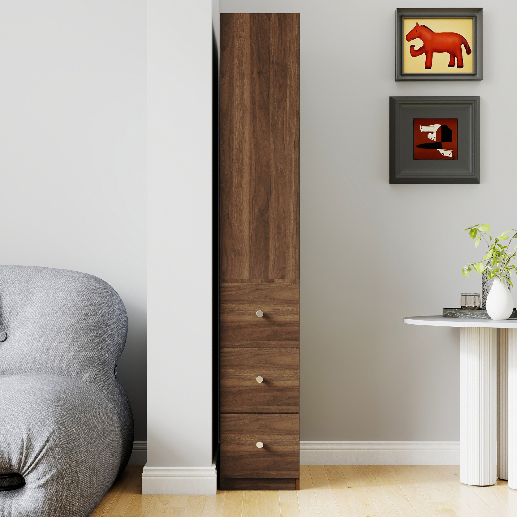 71" Narrow Display Storage Cabinet w/ 4-Tier Shelf and 3 Side Drawers