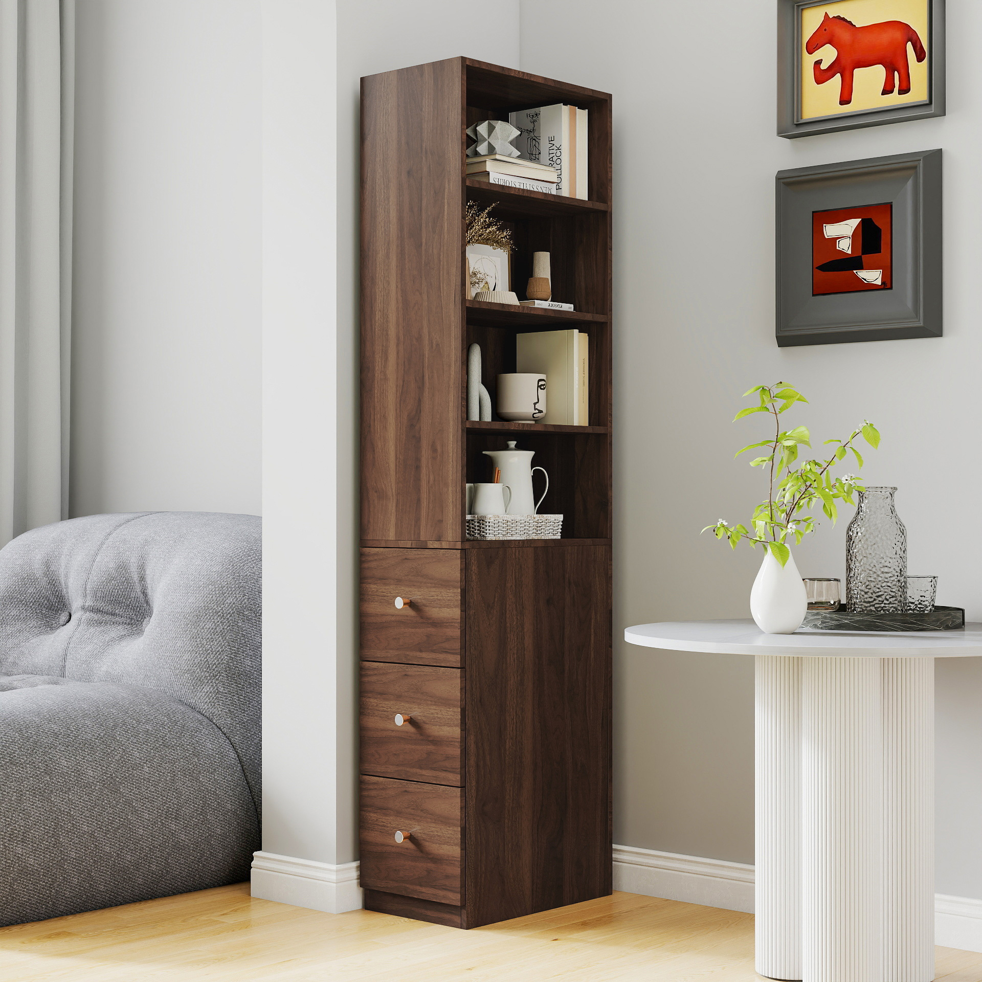 71" Narrow Display Storage Cabinet w/ 4-Tier Shelf and 3 Side Drawers