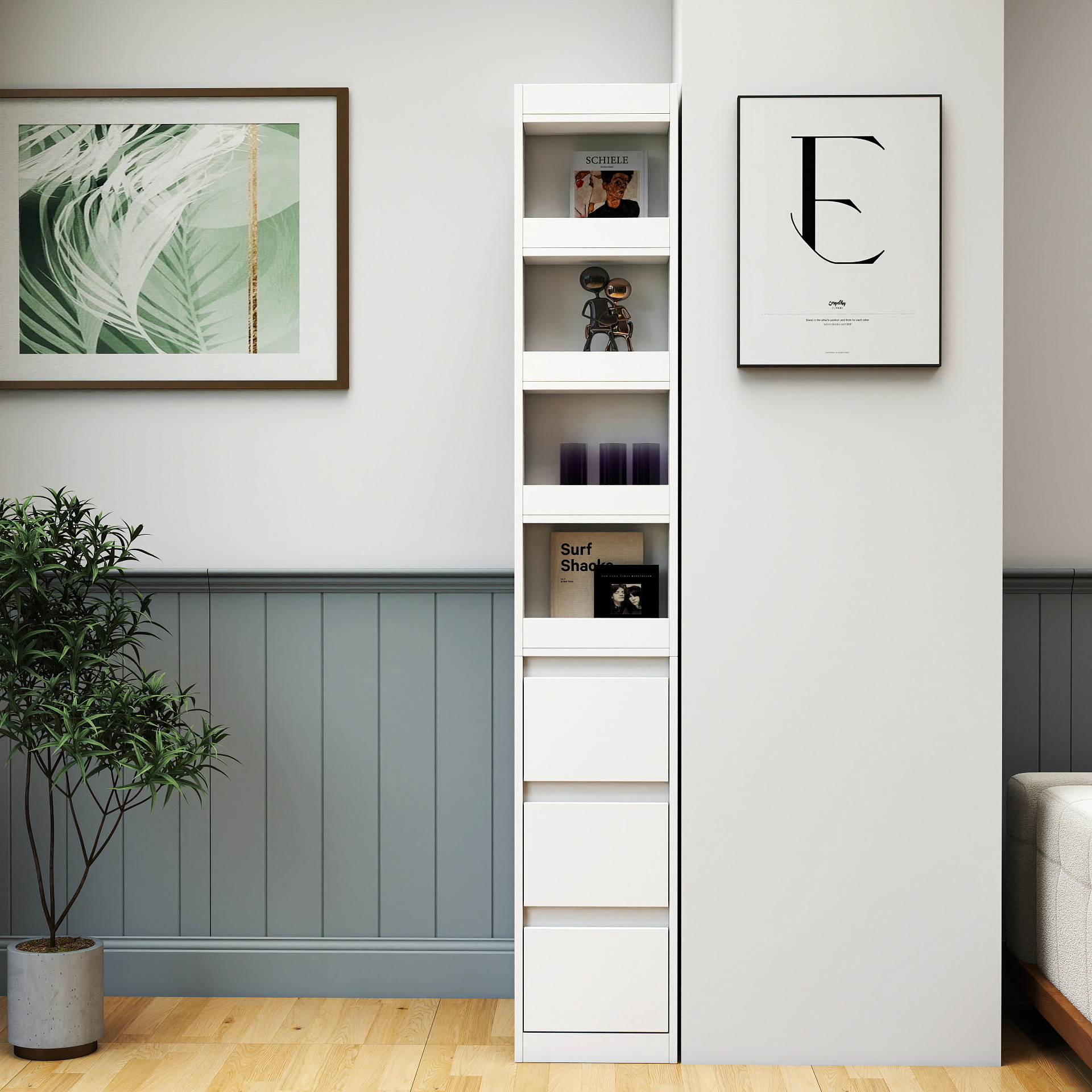71" Narrow Storage Cabinet w/ 4-Tier Open Shelves & 3 Side Drawers