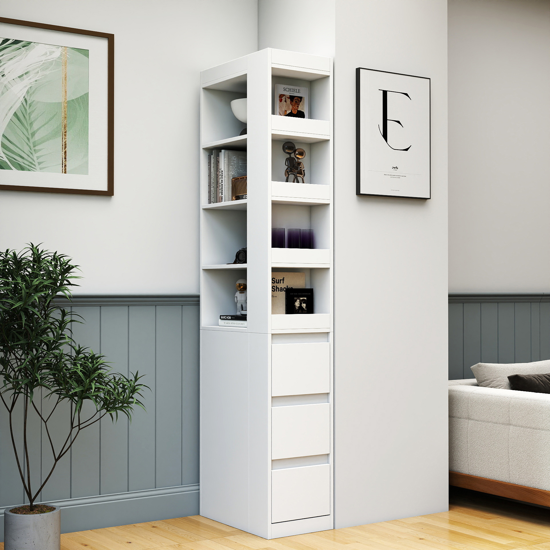 71" Narrow Storage Cabinet w/ 4-Tier Open Shelves & 3 Side Drawers