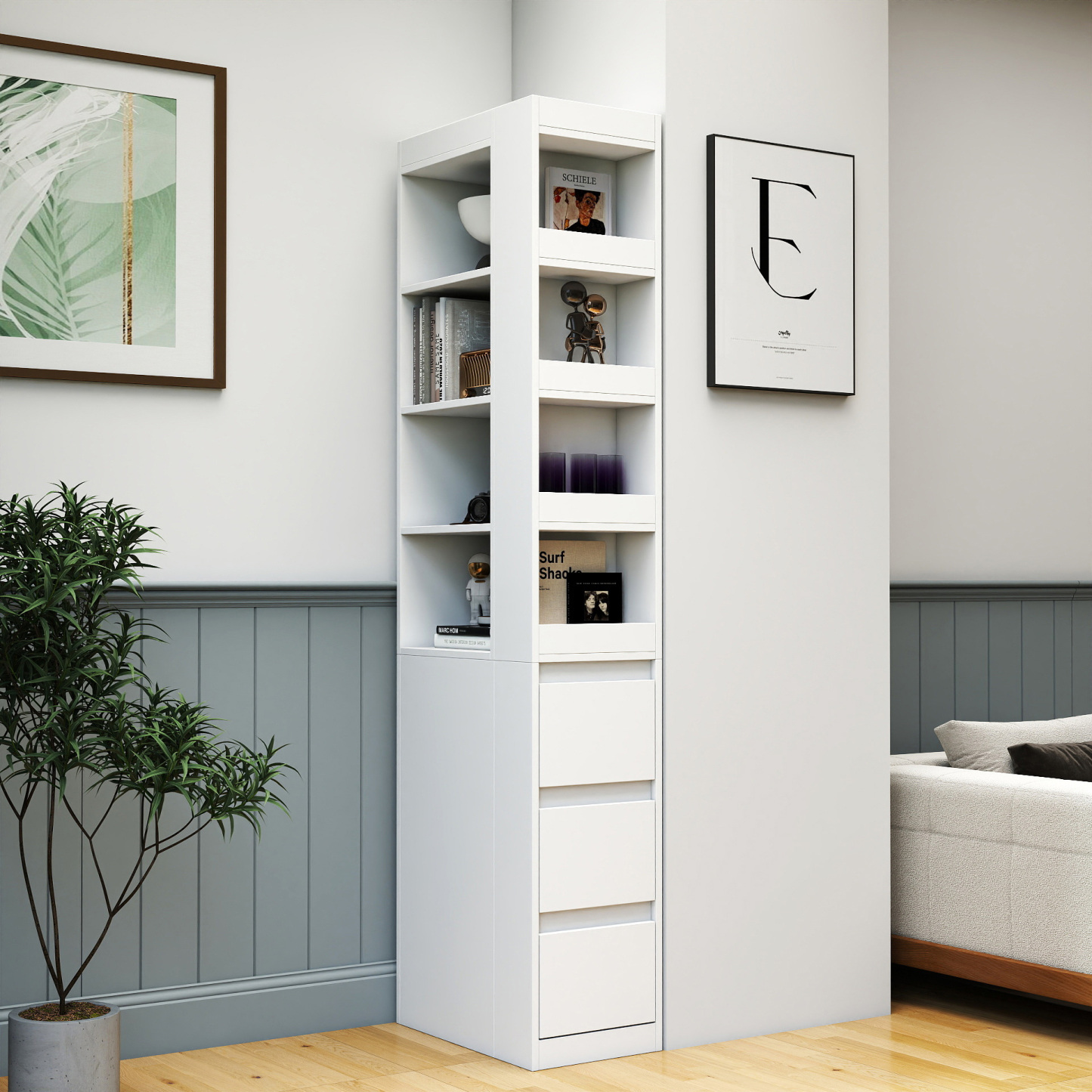 71" Narrow Storage Cabinet w/ 4-Tier Open Shelves & 3 Side Drawers