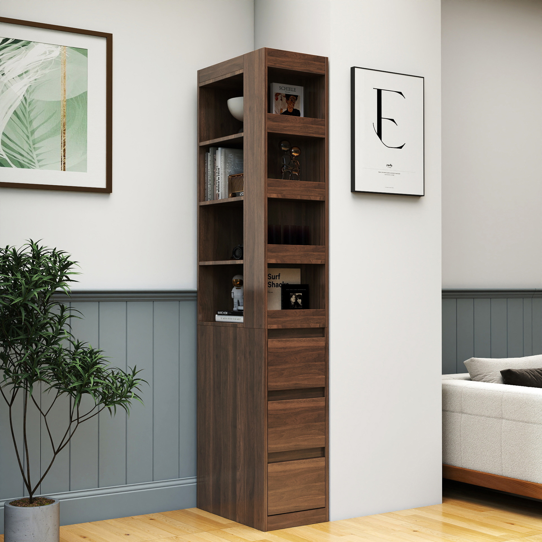 71" Narrow Storage Cabinet w/ 4-Tier Open Shelves & 3 Side Drawers