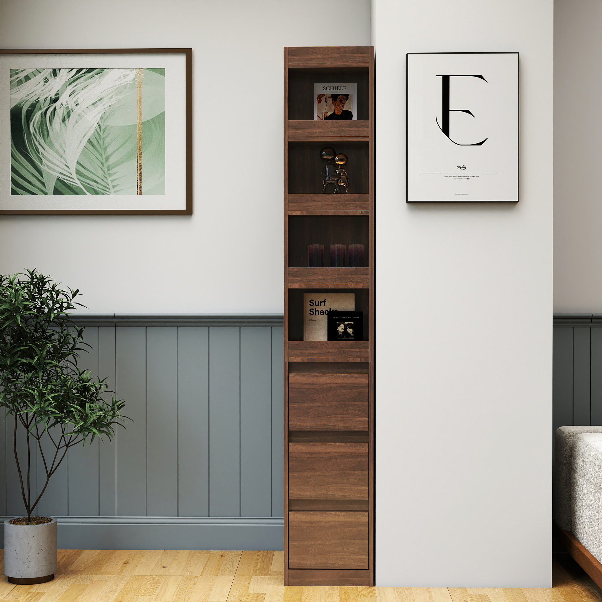 71" Narrow Storage Cabinet w/ 4-Tier Open Shelves & 3 Side Drawers