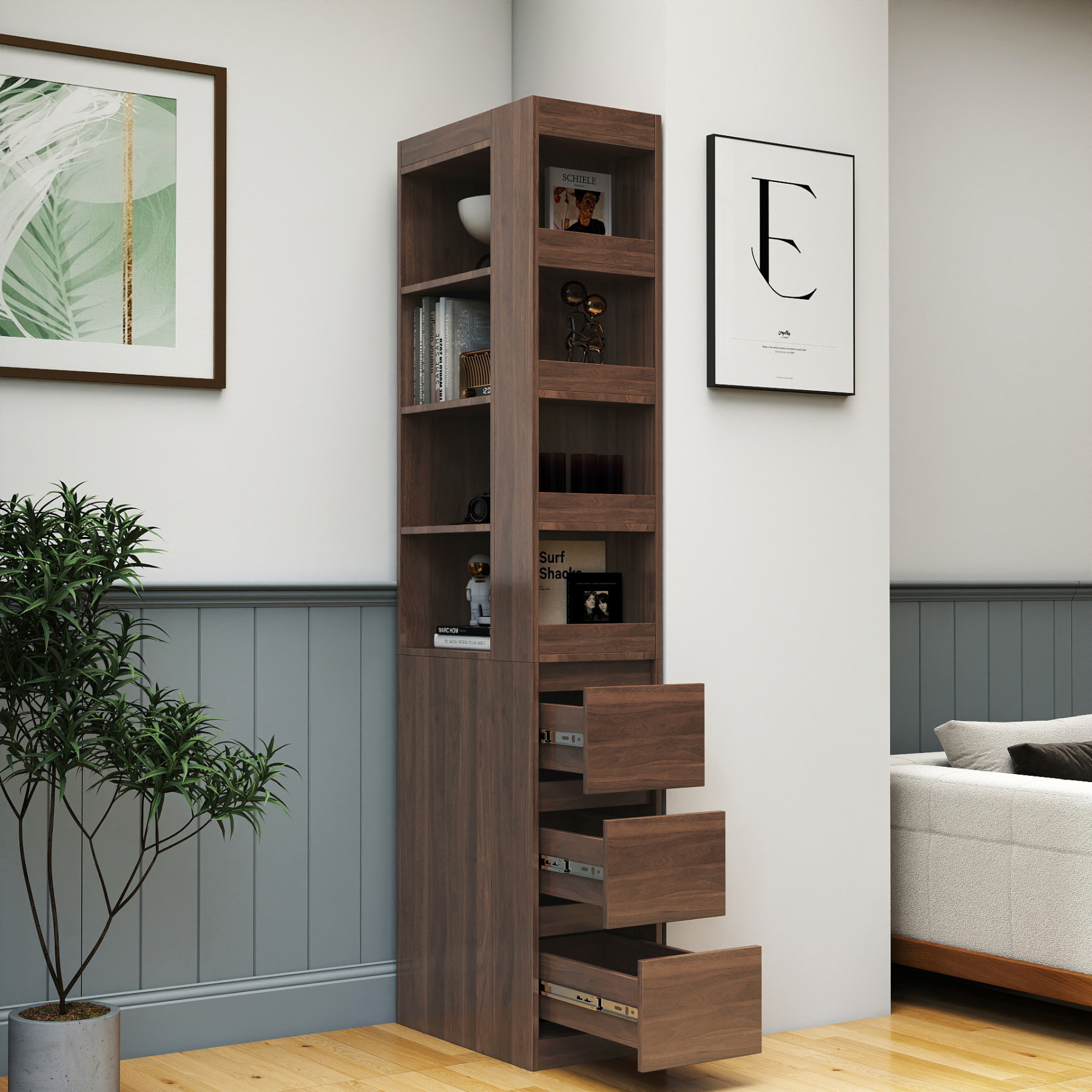 71" Narrow Storage Cabinet w/ 4-Tier Open Shelves & 3 Side Drawers