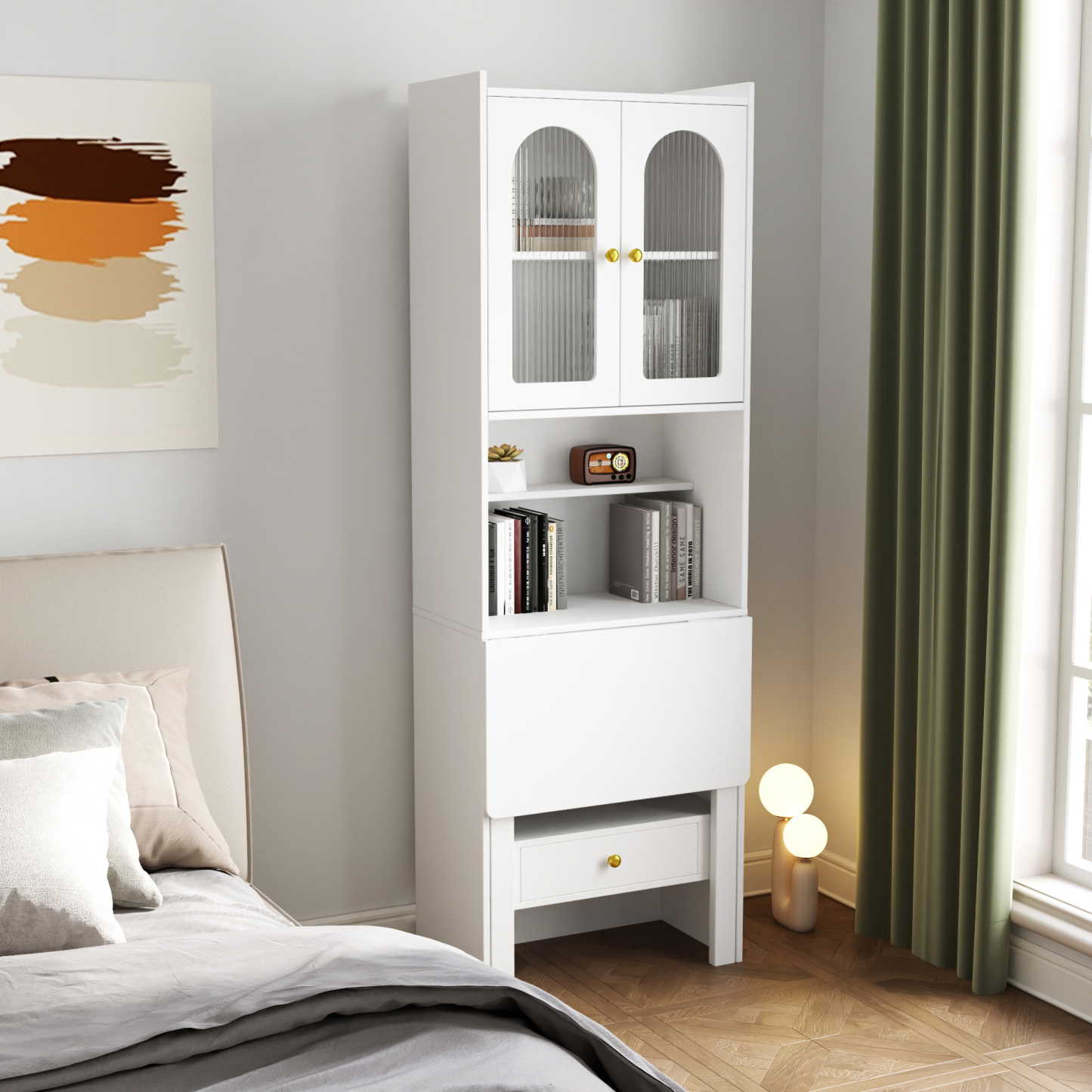 71" Rustic Bookcase with Foldable Desk & Glass Doors for Home Office | Space-Saving