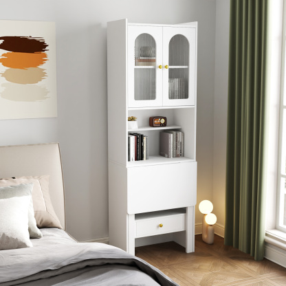 71" Rustic Bookcase with Foldable Desk & Glass Doors for Home Office | Space-Saving