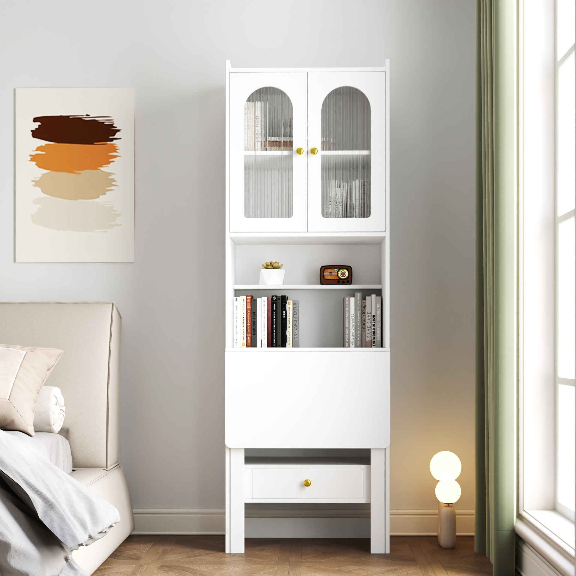 71" Rustic Bookcase with Foldable Desk & Glass Doors for Home Office | Space-Saving