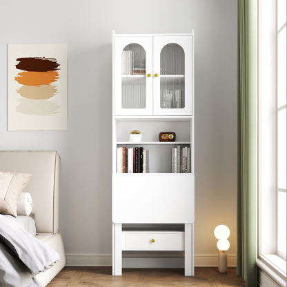 71" Rustic Bookcase with Foldable Desk & Glass Doors for Home Office | Space-Saving