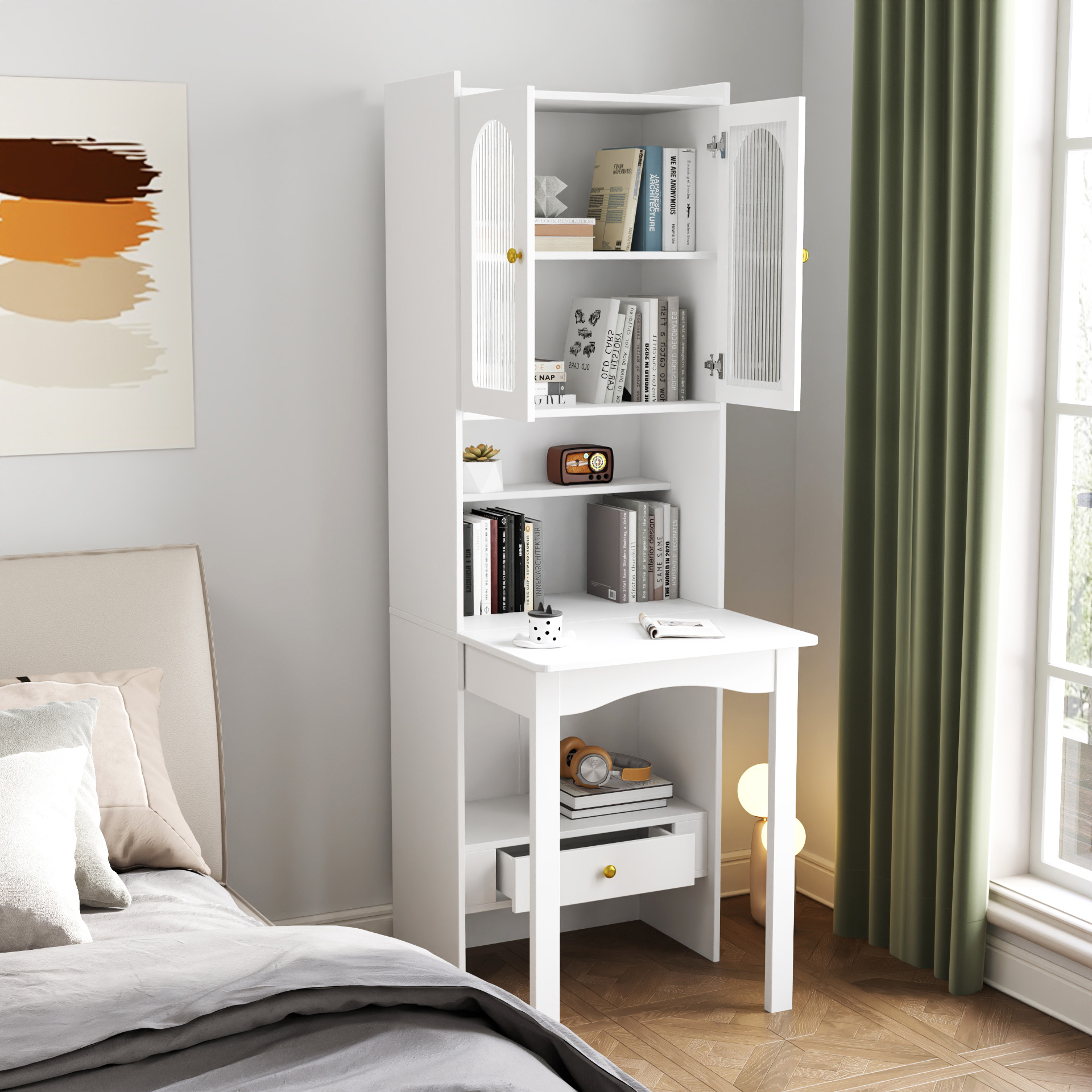 71" Rustic Bookcase with Foldable Desk & Glass Doors for Home Office | Space-Saving