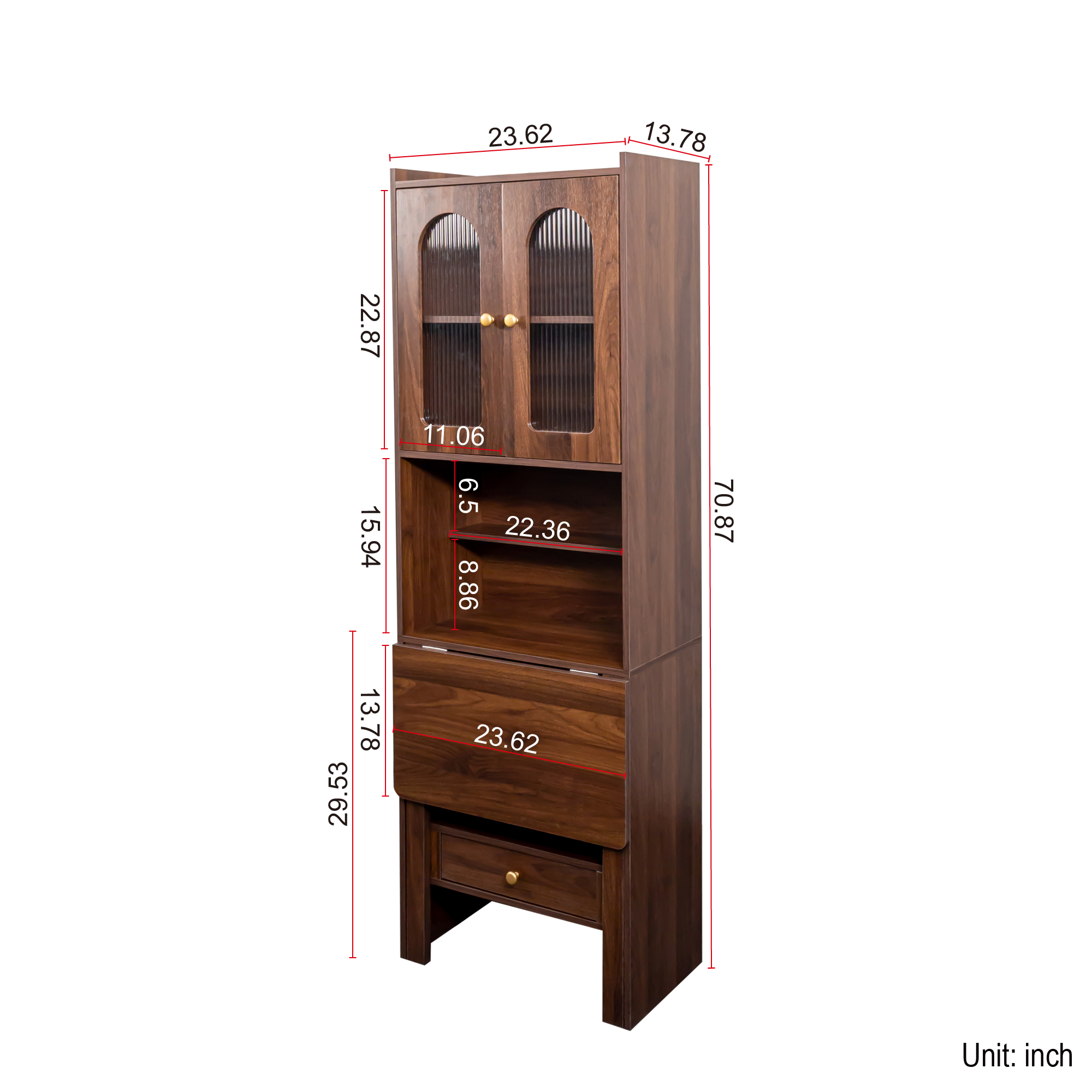 71" Rustic Bookcase with Foldable Desk & Glass Doors for Home Office | Space-Saving
