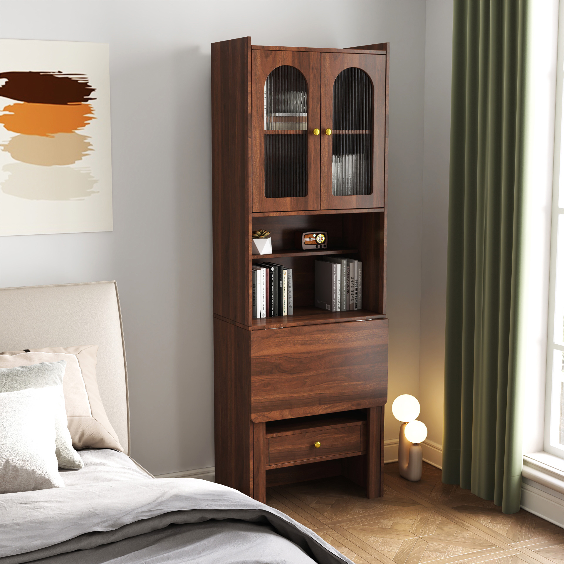 71" Rustic Bookcase with Foldable Desk & Glass Doors for Home Office | Space-Saving