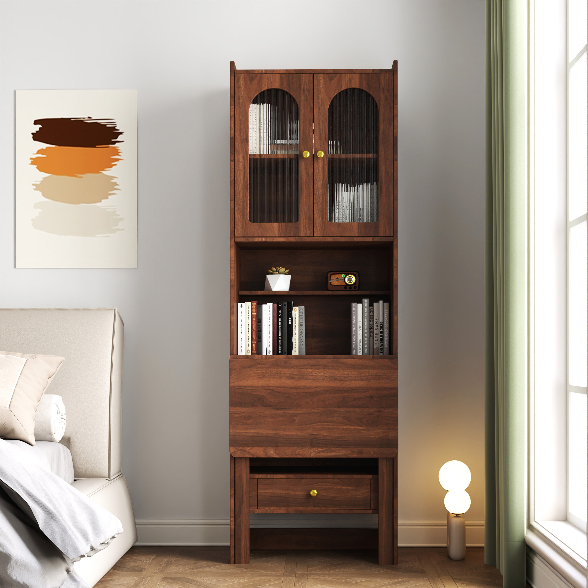 71" Rustic Bookcase with Foldable Desk & Glass Doors for Home Office | Space-Saving