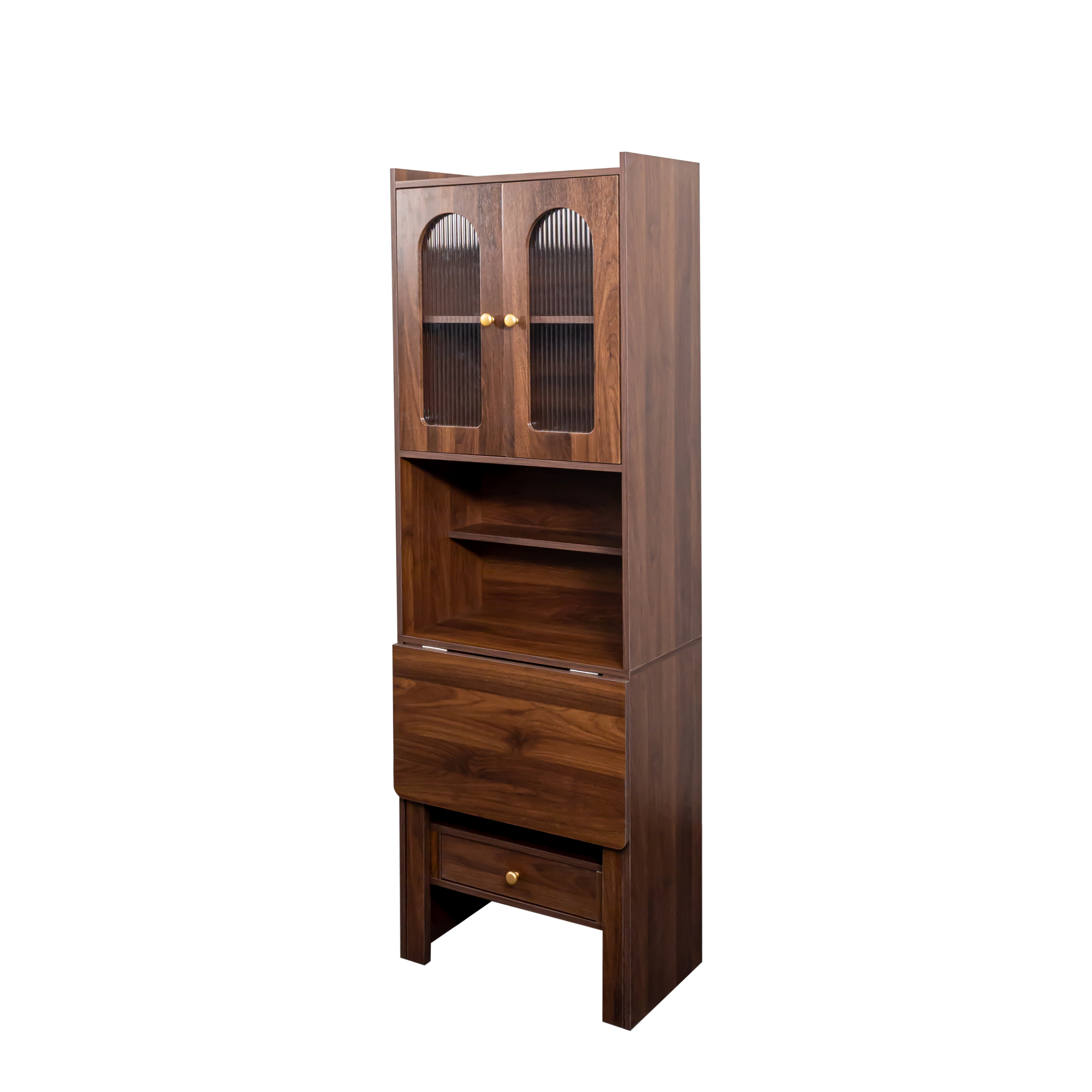 71" Rustic Bookcase with Foldable Desk & Glass Doors for Home Office | Space-Saving