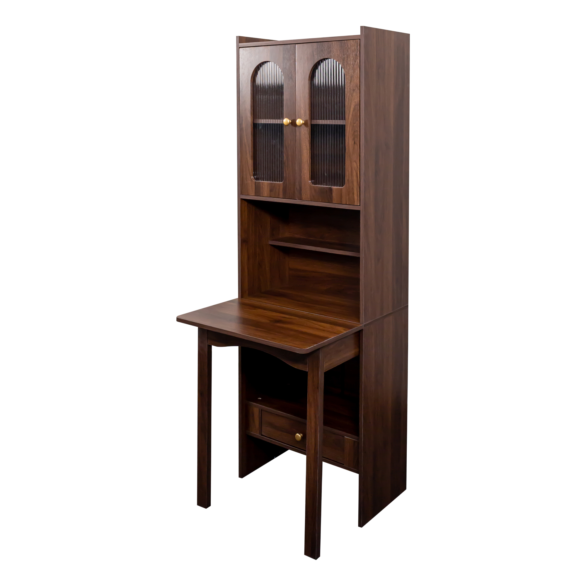 71" Rustic Bookcase with Foldable Desk & Glass Doors for Home Office | Space-Saving