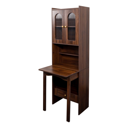 71" Rustic Bookcase with Foldable Desk & Glass Doors for Home Office | Space-Saving