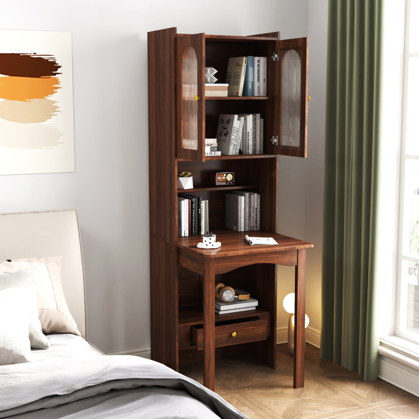 71" Rustic Bookcase with Foldable Desk & Glass Doors for Home Office | Space-Saving