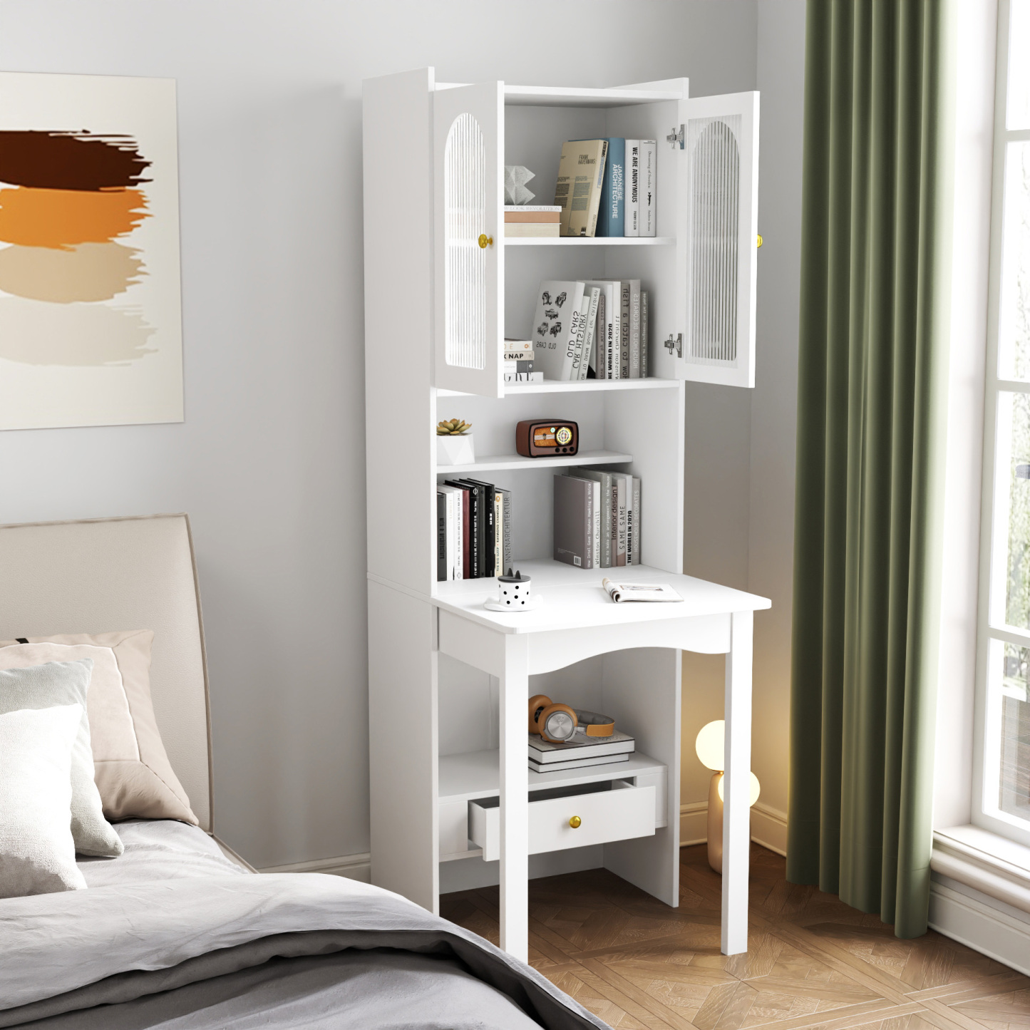 71" Rustic Bookcase with Foldable Desk & Glass Doors for Home Office | Space-Saving