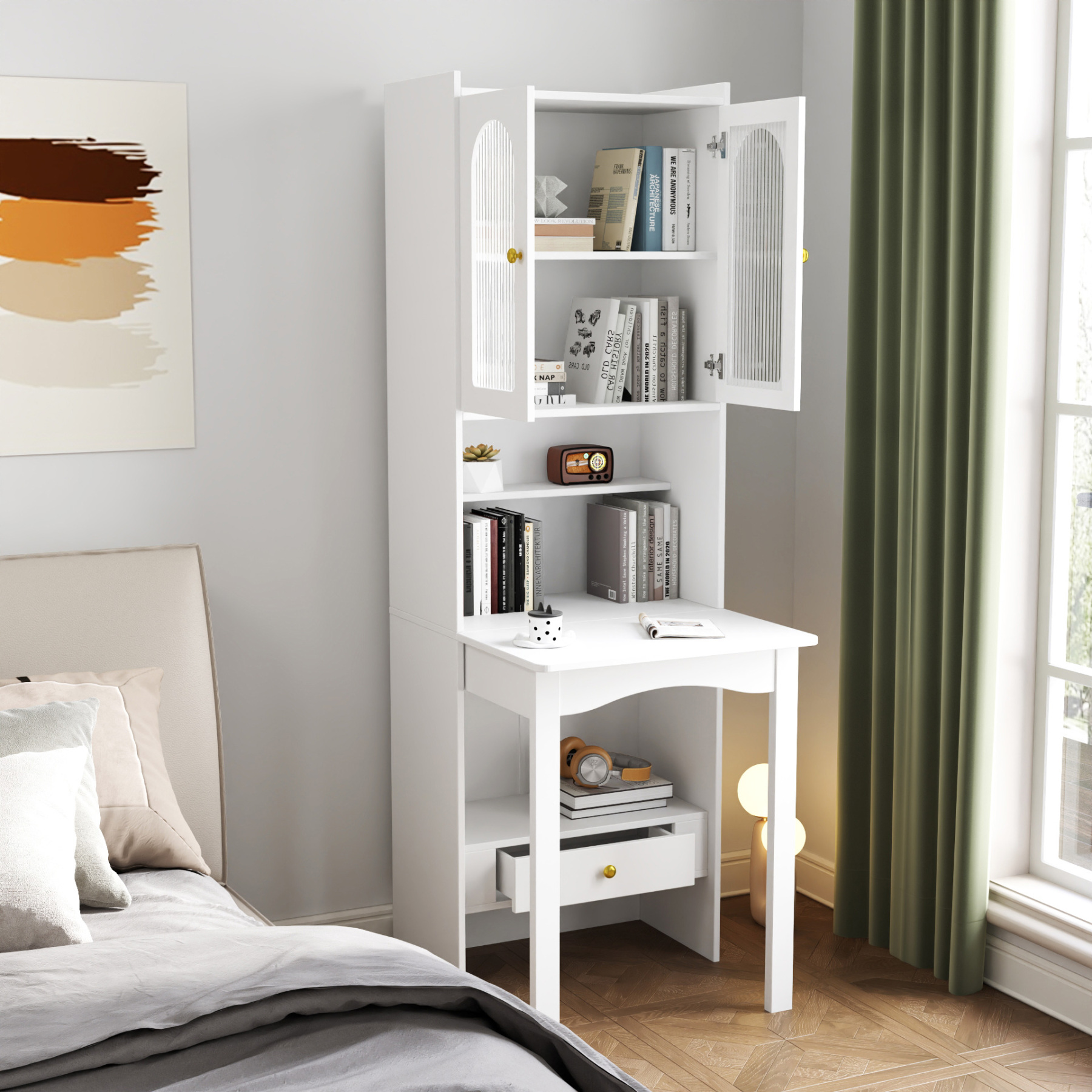 71" Rustic Bookcase with Foldable Desk & Glass Doors for Home Office | Space-Saving