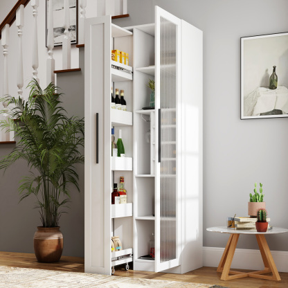 71" Slim Kitchen Pantry Cabinet w/ Clear Door & Pull-Out Shelf | Multifunctional