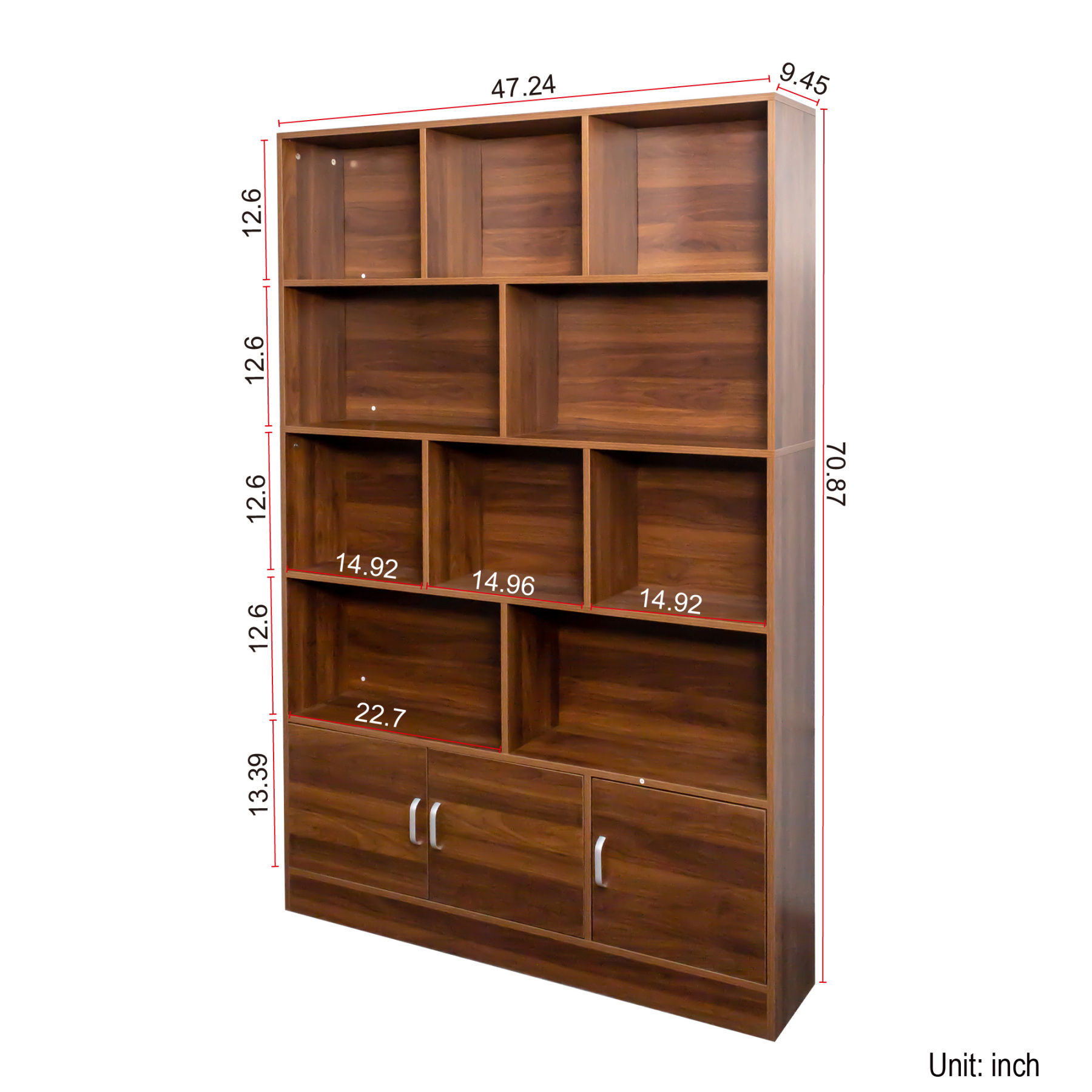 71" Tall Bookshelf with 10 Cubes & 3 Doors for Home Office, Living Room, Study