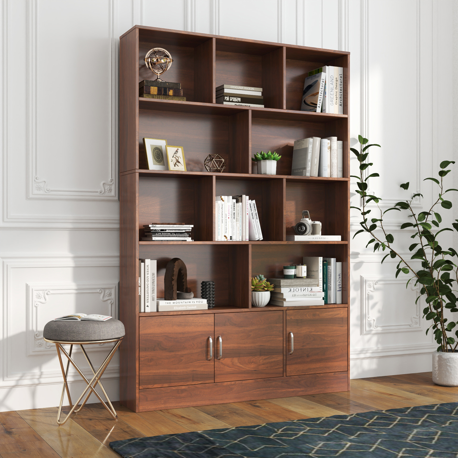 71" Tall Bookshelf with 10 Cubes & 3 Doors for Home Office, Living Room, Study