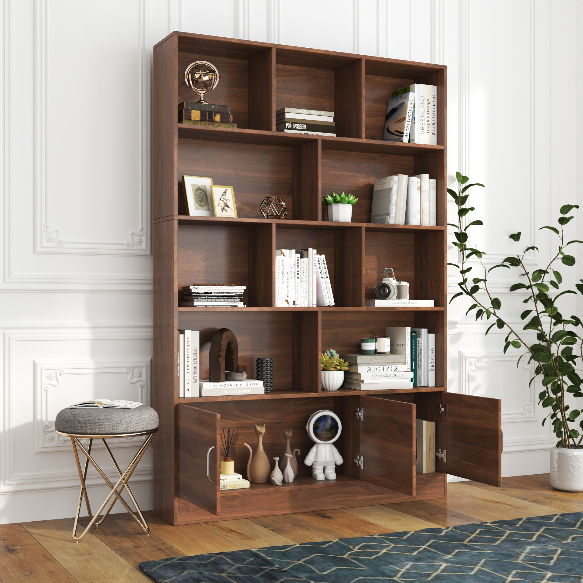 71" Tall Bookshelf with 10 Cubes & 3 Doors for Home Office, Living Room, Study