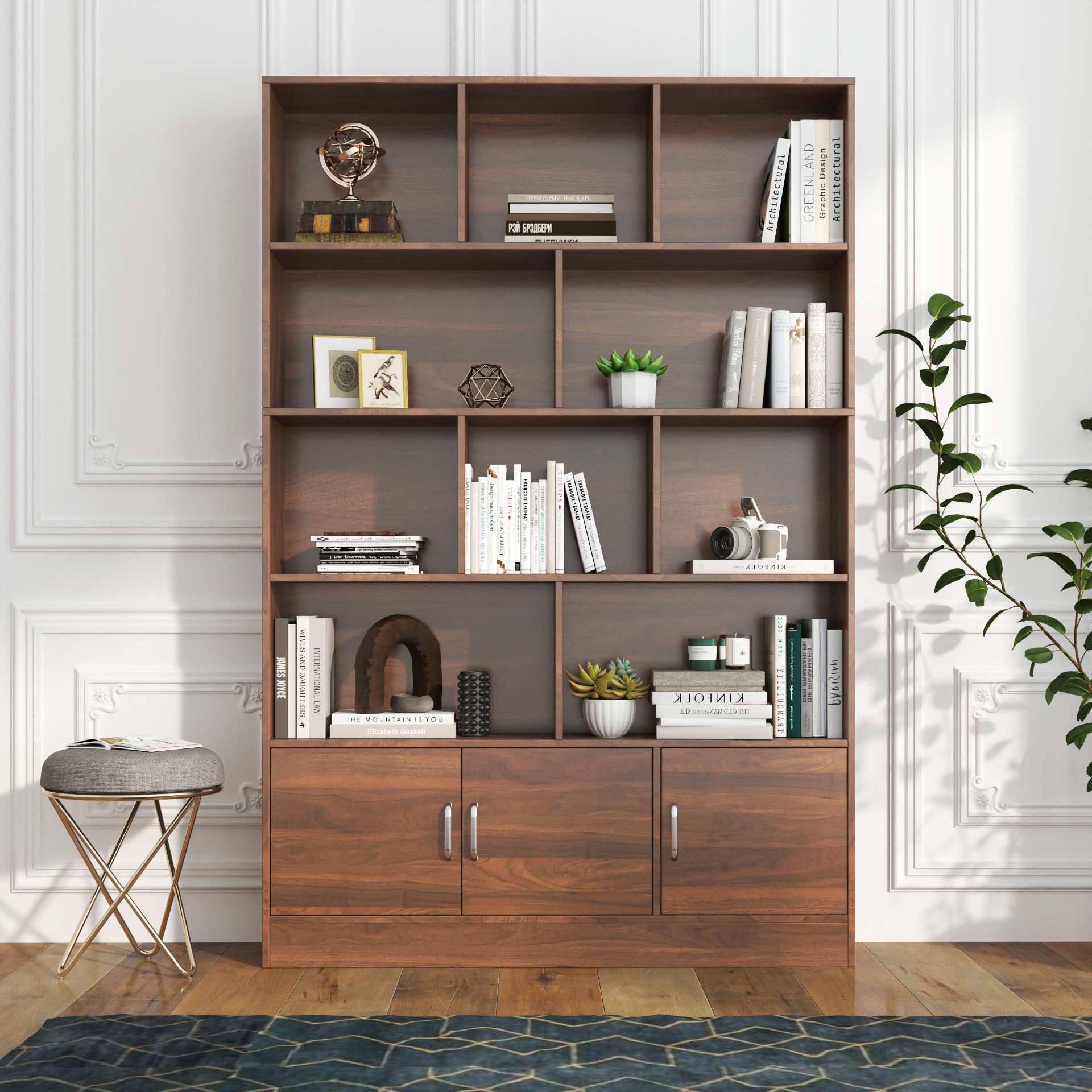 71" Tall Bookshelf with 10 Cubes & 3 Doors for Home Office, Living Room, Study