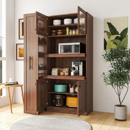 71" Tall Kitchen Pantry Cabinet with Pull Out Shelves and Glass Doors | Multifunctional
