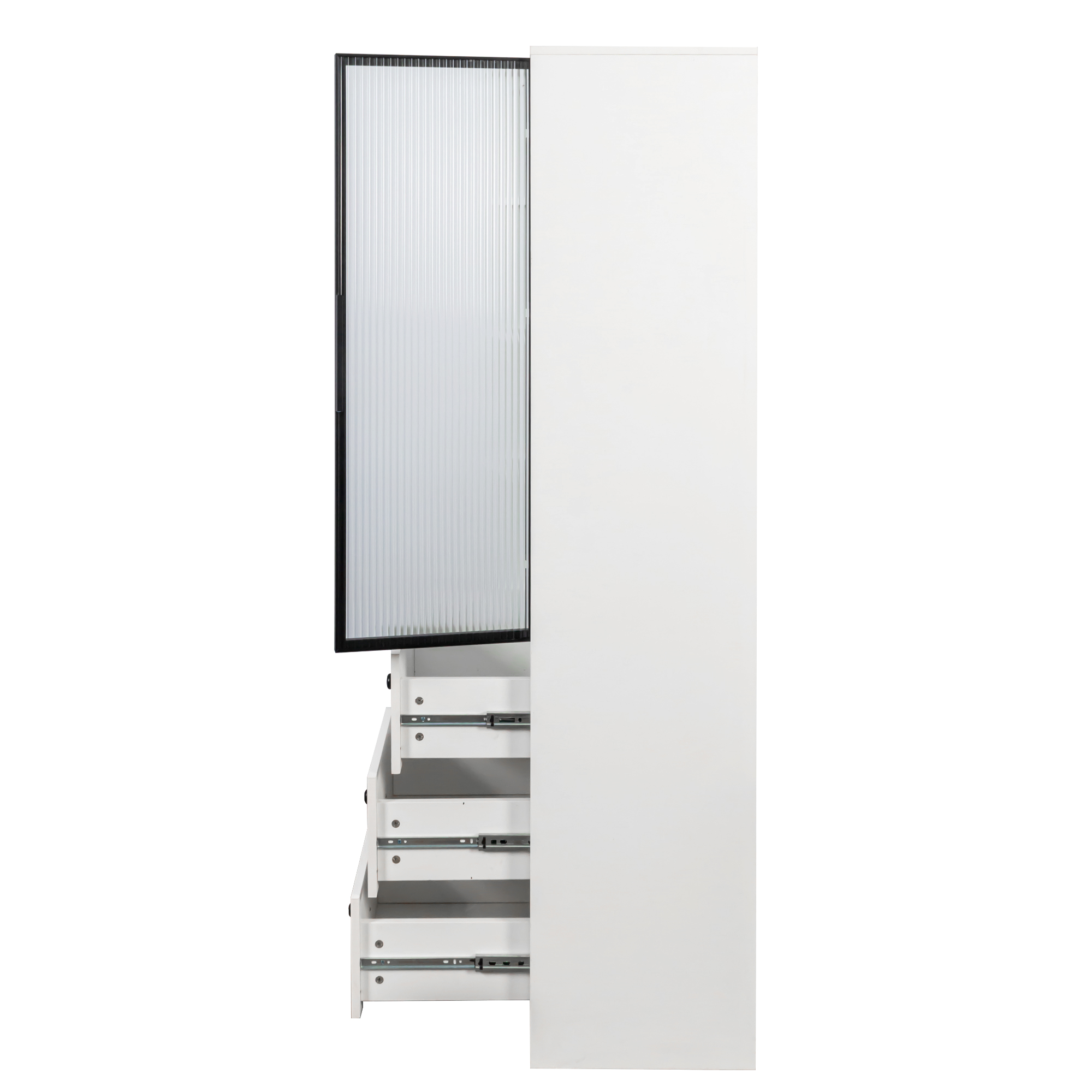 71" Tall Narrow Storage Cabinet with Ribbed Door and 3 Drawers, White