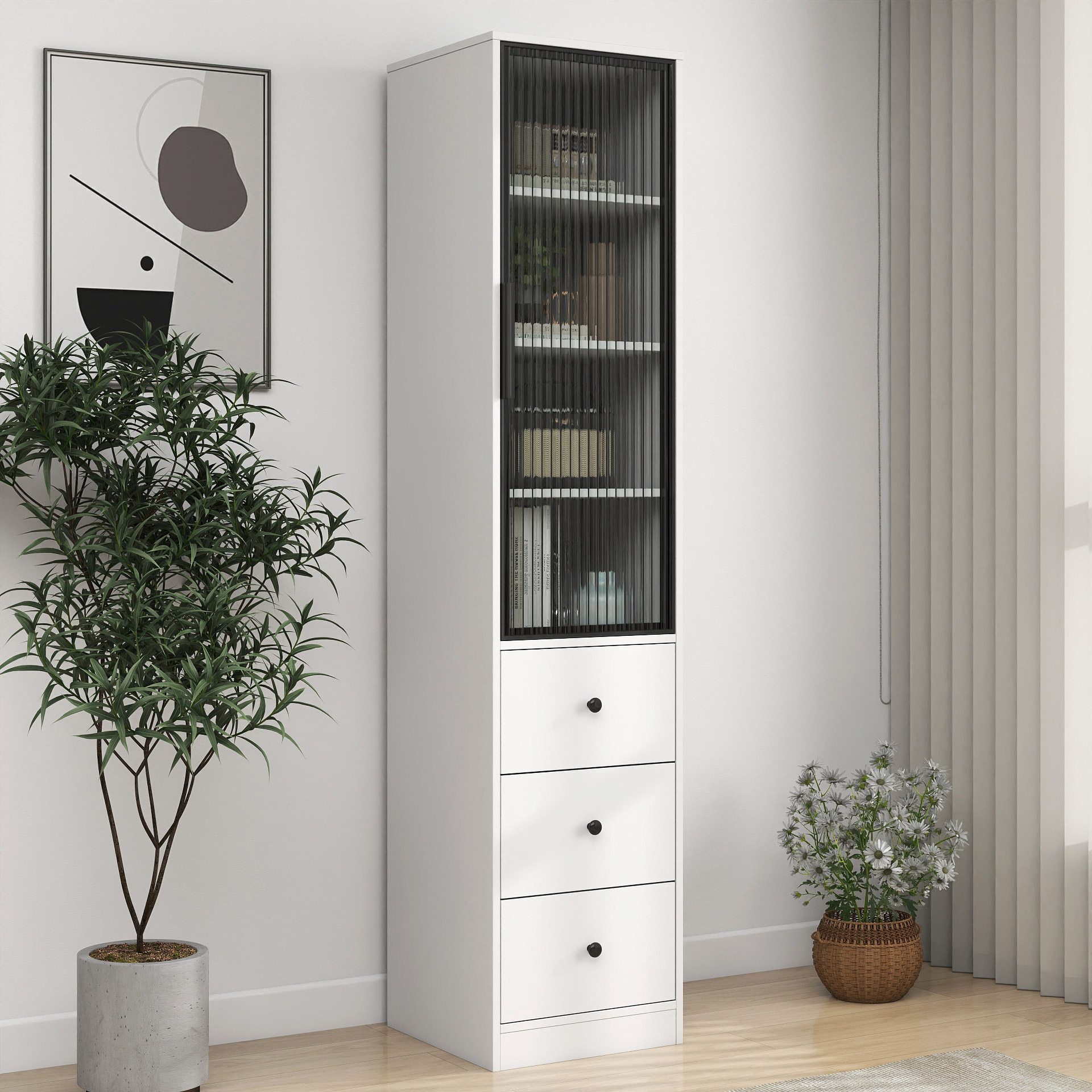 71" Tall Narrow Storage Cabinet with Ribbed Door and 3 Drawers, White