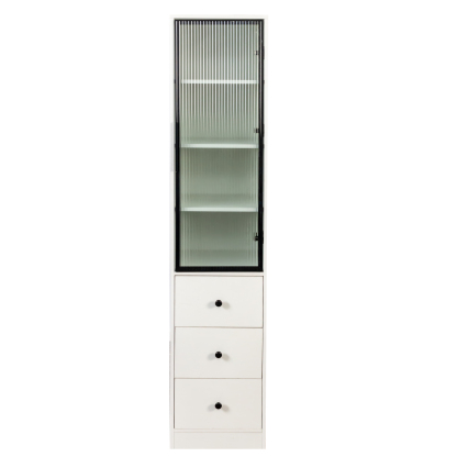 71" Tall Narrow Storage Cabinet with Ribbed Door and 3 Drawers, White
