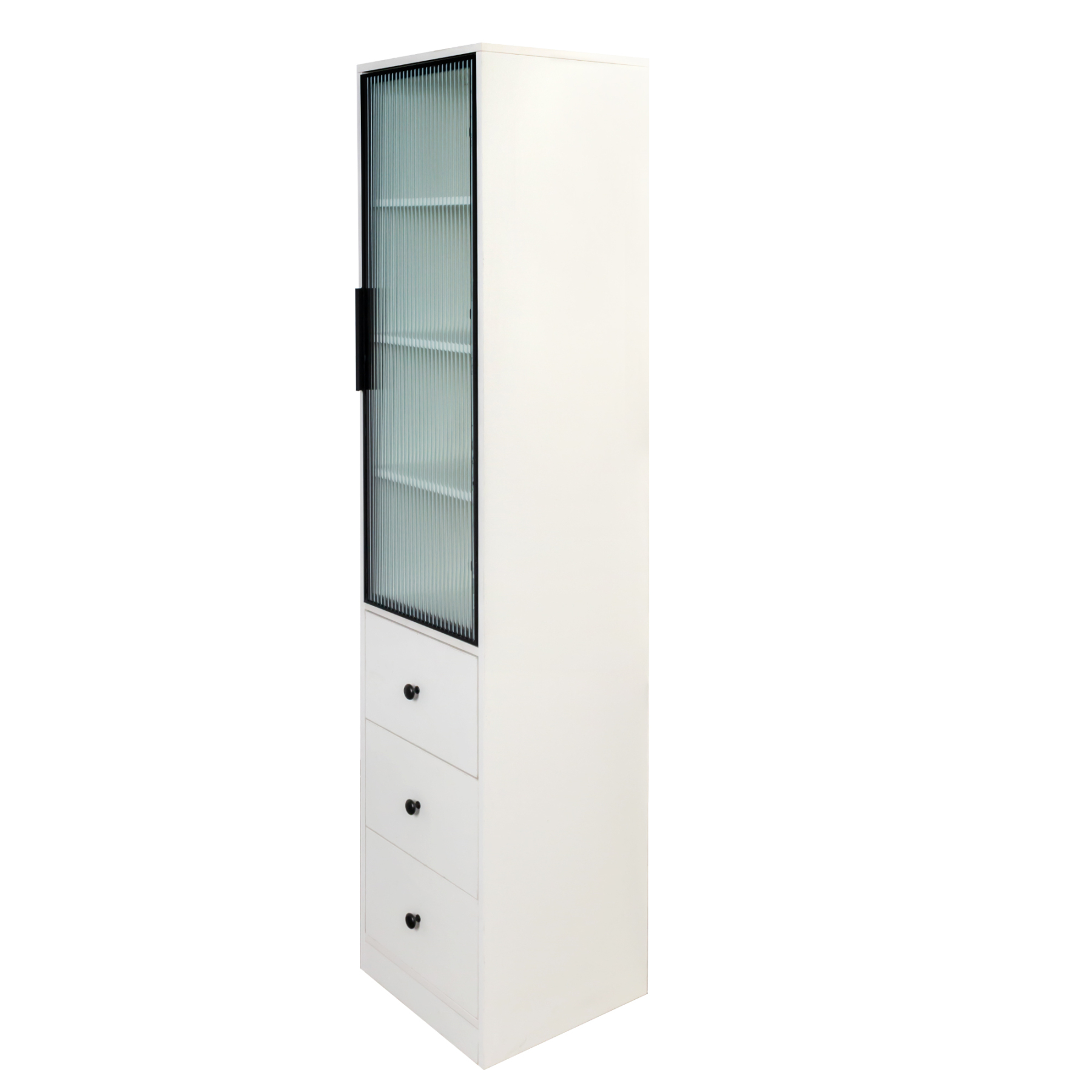71" Tall Narrow Storage Cabinet with Ribbed Door and 3 Drawers, White