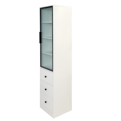 71" Tall Narrow Storage Cabinet with Ribbed Door and 3 Drawers, White