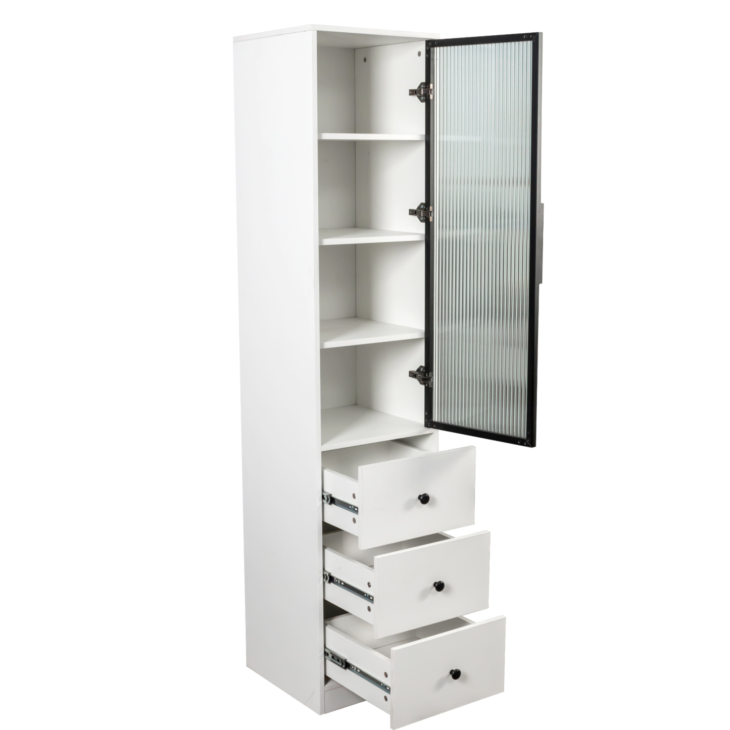 71" Tall Narrow Storage Cabinet with Ribbed Door and 3 Drawers, White