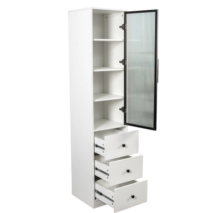 71" Tall Narrow Storage Cabinet with Ribbed Door and 3 Drawers, White