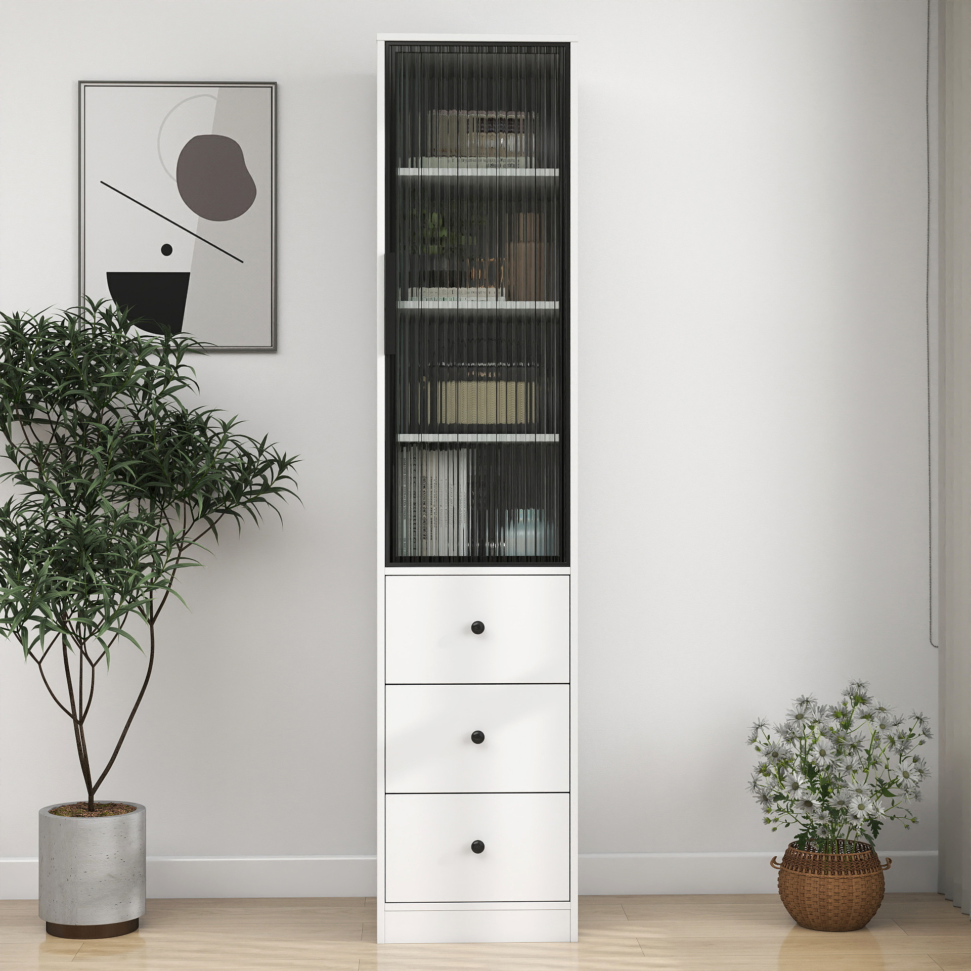 71" Tall Narrow Storage Cabinet with Ribbed Door and 3 Drawers, White