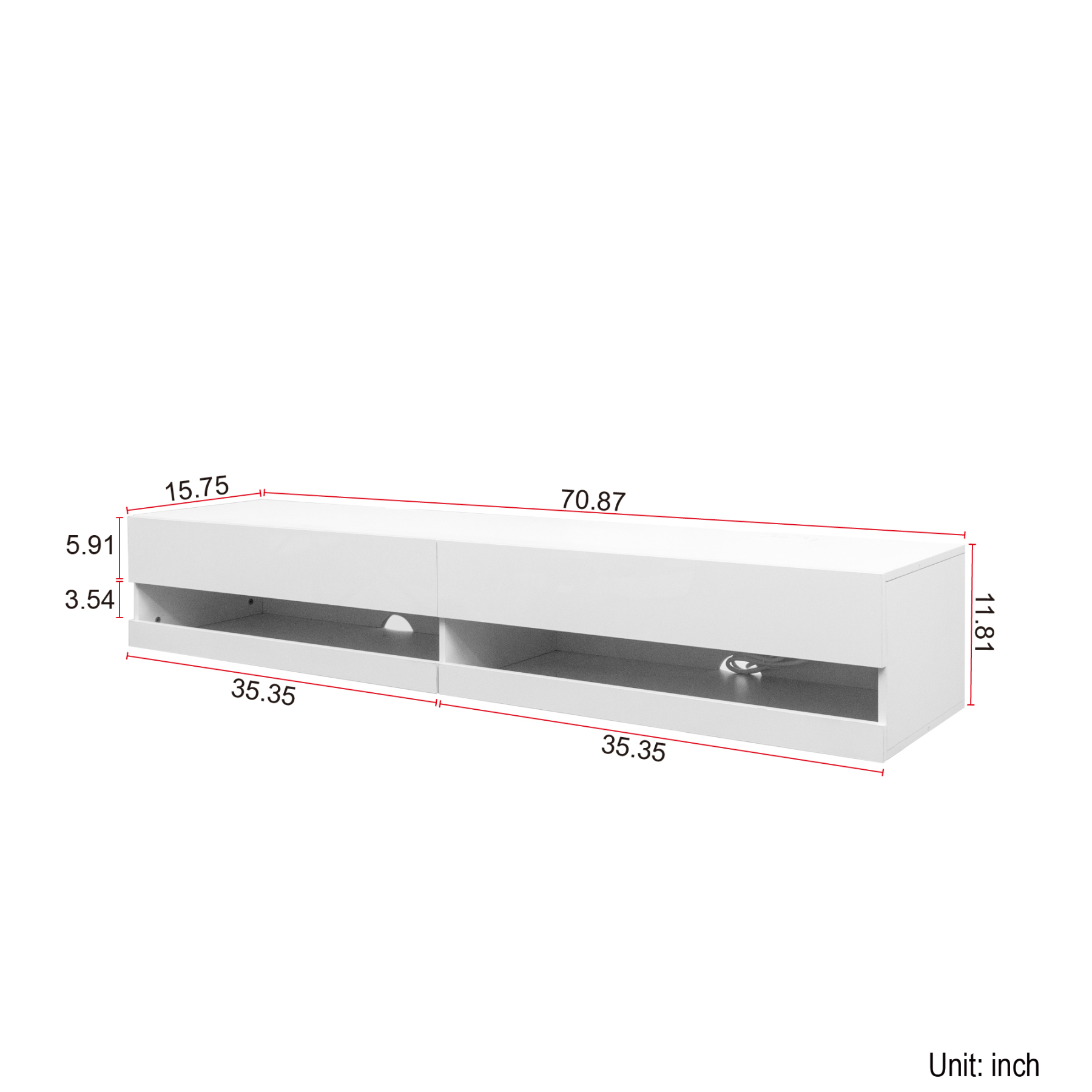 71" Wall-Mounted Floating TV Stand with 20 Color LEDs & Charging Station