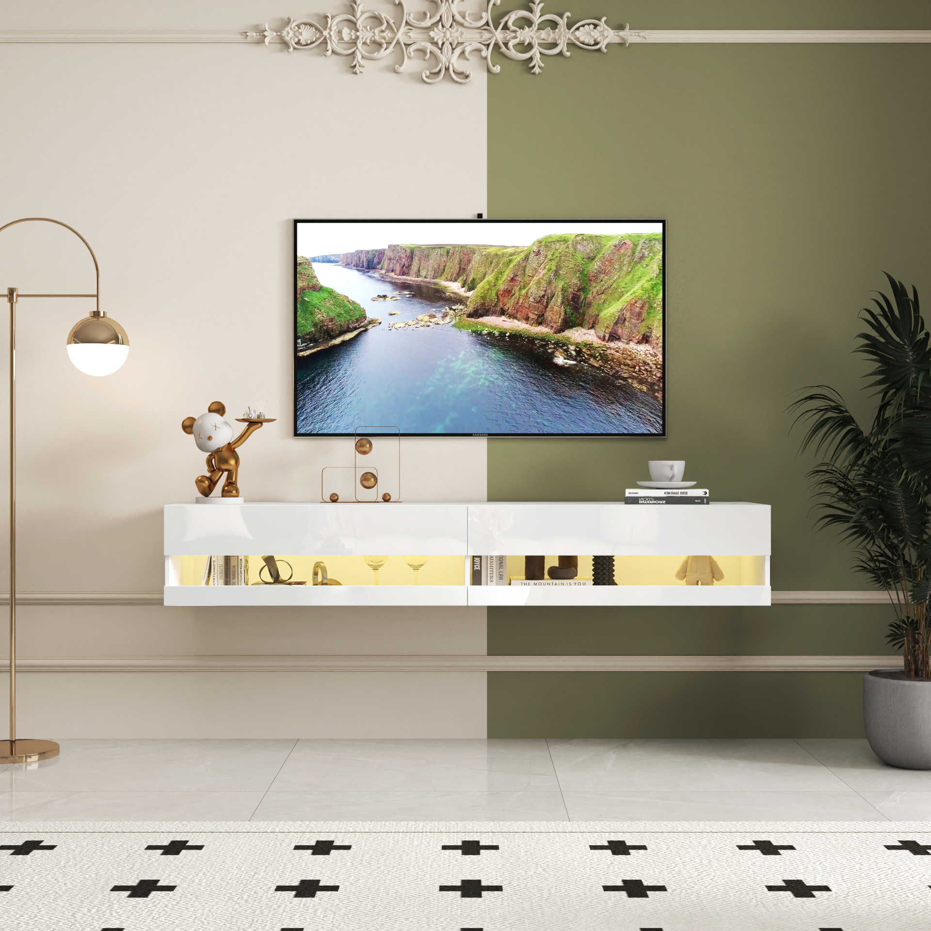 71" Wall-Mounted Floating TV Stand with 20 Color LEDs & Charging Station