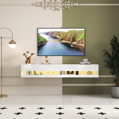 71" Wall-Mounted Floating TV Stand with 20 Color LEDs & Charging Station