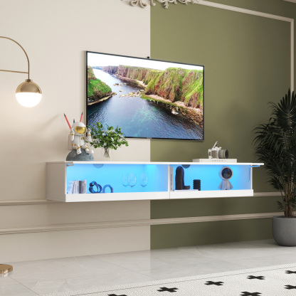 71" Wall-Mounted Floating TV Stand with 20 Color LEDs & Charging Station